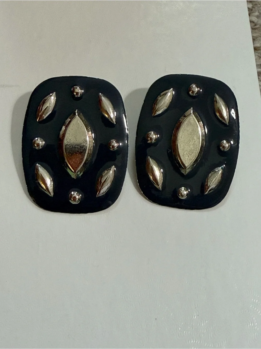 Vintage 80s Bold Navy Blue Enamel Silver Tone Statement Earrings